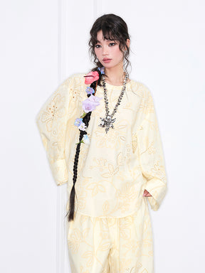 MUKZIN“Realm of Ethereal Mist”Light Yellow Floral Hollow - out Loose Top