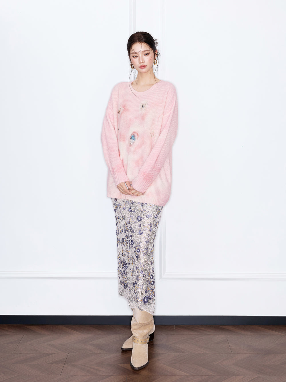 MUKZIN“The Sequence of Deer's Call”Pink/Green Halo Tie-Dye Distressed Decor Oversized Fuzzy Knit Sweater