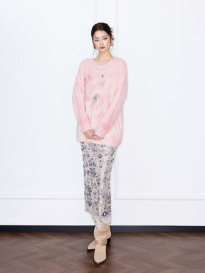 MUKZIN“The Sequence of Deer's Call”Pink/Green Halo Tie-Dye Distressed Decor Oversized Fuzzy Knit Sweater