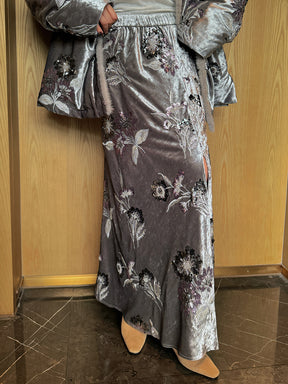MUKZIN“Capsule Collection”Silver Grey Vintage Velvet Embroidered Mermaid Skirt