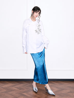MUKZIN“Realm of Ethereal Mist”White Chinese - style Oblique - front Shirt with Sequin Floral Decoration