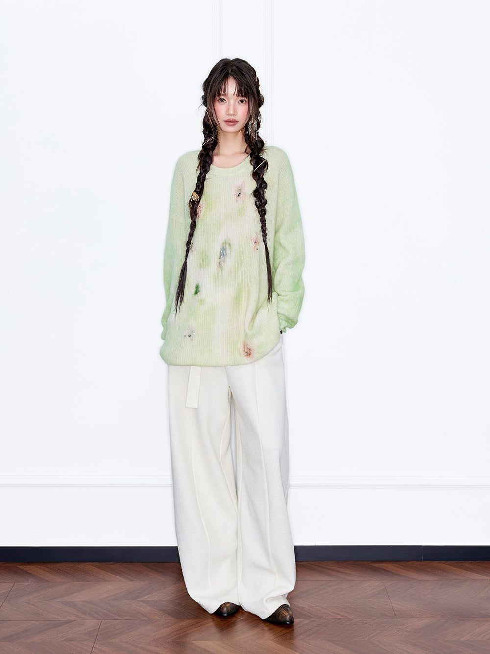 MUKZIN“The Sequence of Deer's Call”Pink/Green Halo Tie-Dye Distressed Decor Oversized Fuzzy Knit Sweater