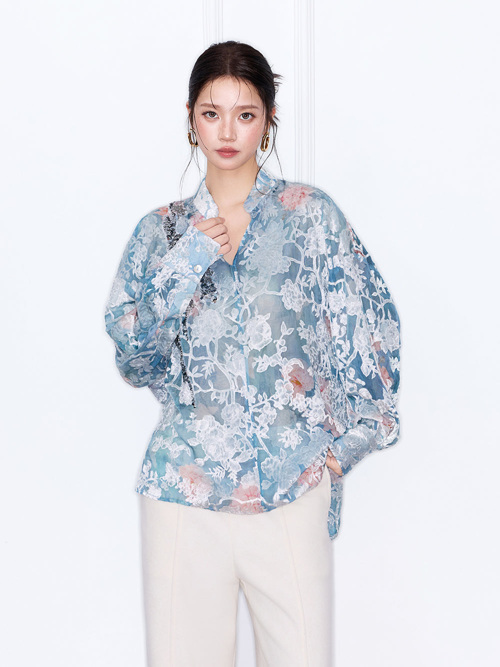MUKZIN“Capsule Collection”Light Blue Floral Lace Blouse with Sequins - Loose Lantern Sleeves
