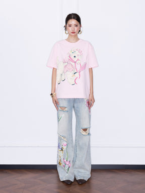 MUKZIN¡°Capsule Collection¡±Pink Cartoon Pony Print Oversized Graphic T-Shirt