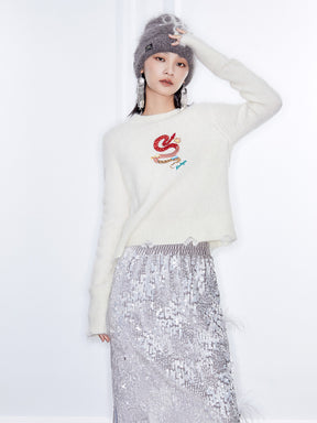 MUKZIN Linglong Long —Snake Embroidery Mohair Blend Sweater (White/Grey)
