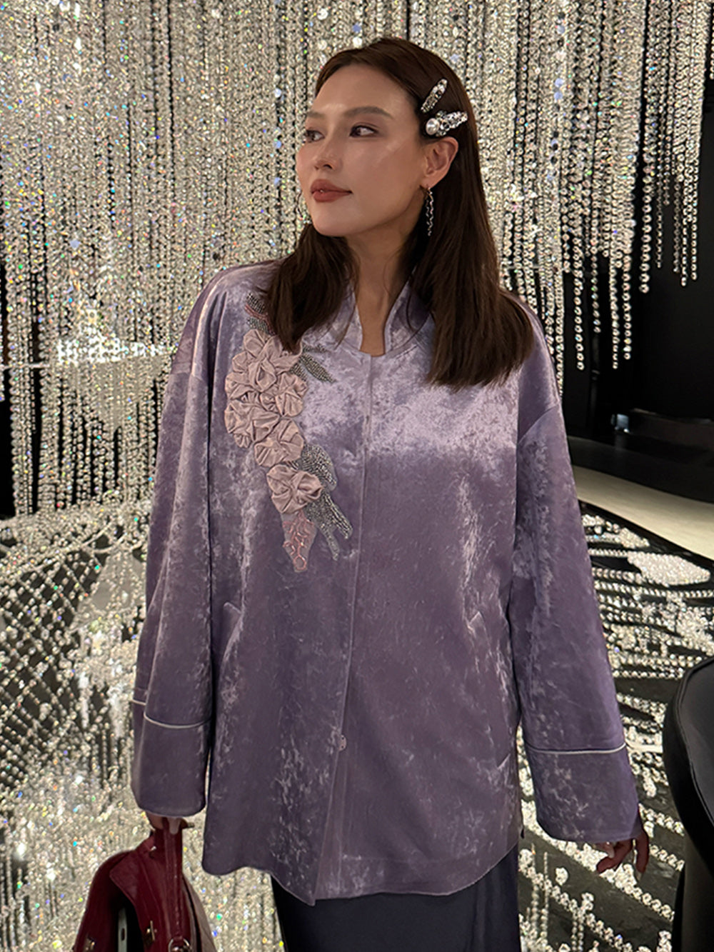 MUKZIN¡°Capsule Collection¡±Lavender Purple Velvet Oversized Shirt | 3D Floral Embroidery Beaded Mandarin Collar Blouse