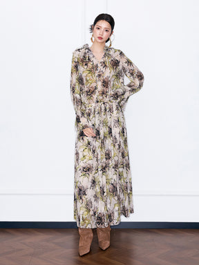 MUKZIN¡°Capsule Collection¡±Vintage Floral Print Chiffon Maxi Dress, Long Sleeve Ruffle Hem Boho Long Dress for Women