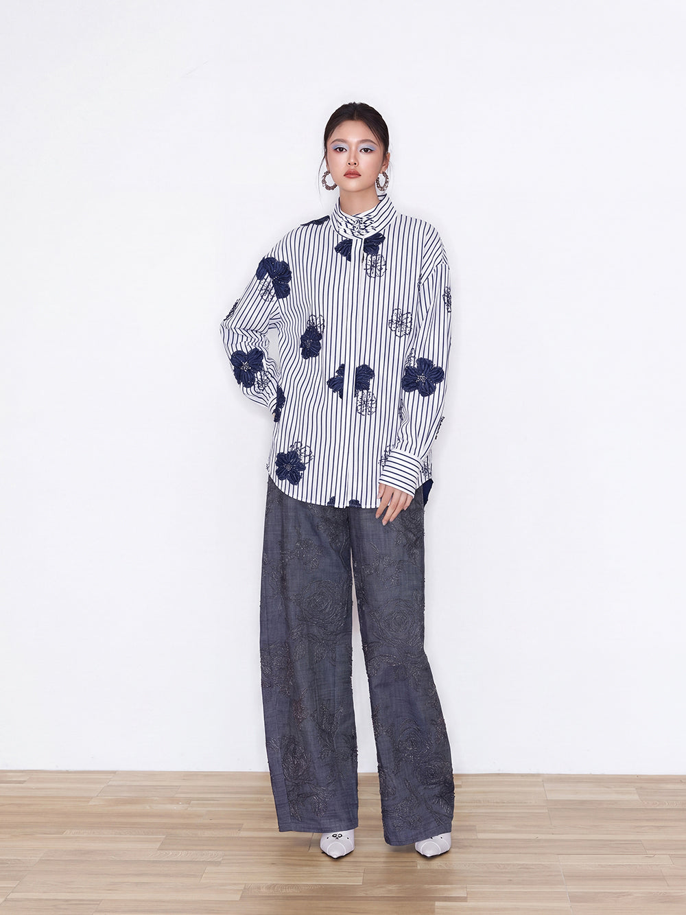 MUKZIN×Capsule Collection New Chinese-Style Embroidered Striped Long Sleeve Shirt