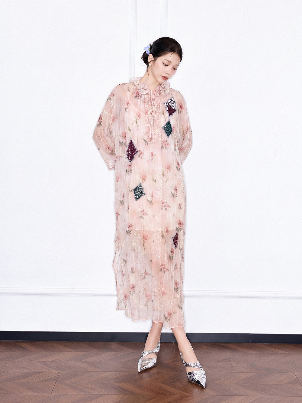 MUKZIN×Capsule Collection Chinese-Style Loose Floral Dress with Hami Hand Embroidery
