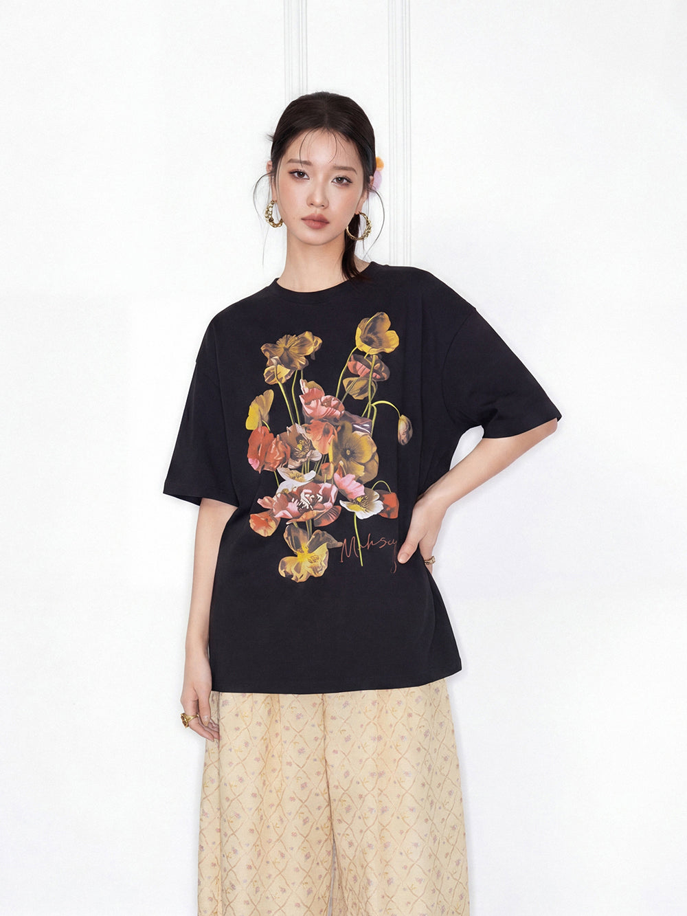 MUKZIN "Flourishing Blooms" Chinese Trend Artistic Floral Loose Black Short-Sleeve T-Shirt