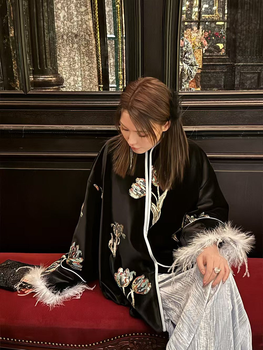 MUKZIN Exquisite New Chinese - style Cape Coat with Feather - trimmed