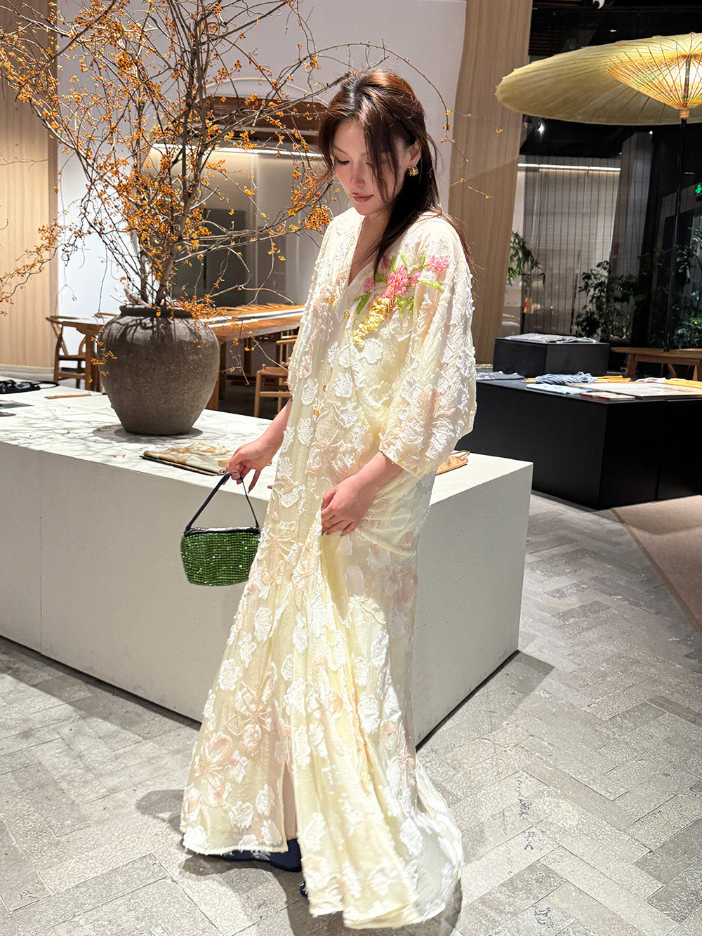 MUKZIN×"Capsule Collection" New Chinese Style Heavy Embroidery Elegant V-Neck Yellow Dress