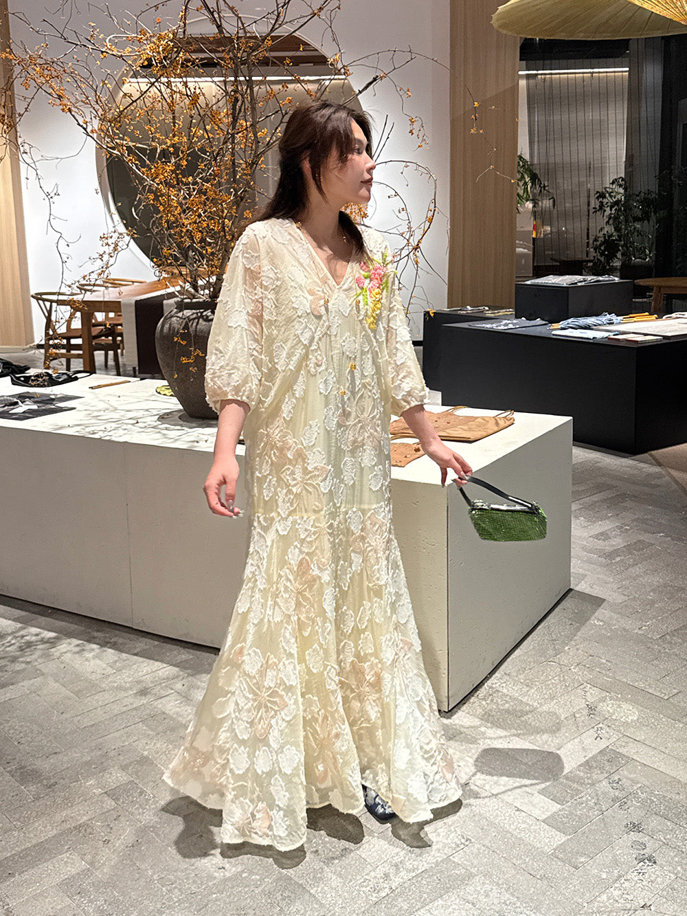MUKZIN×"Capsule Collection" New Chinese Style Heavy Embroidery Elegant V-Neck Yellow Dress