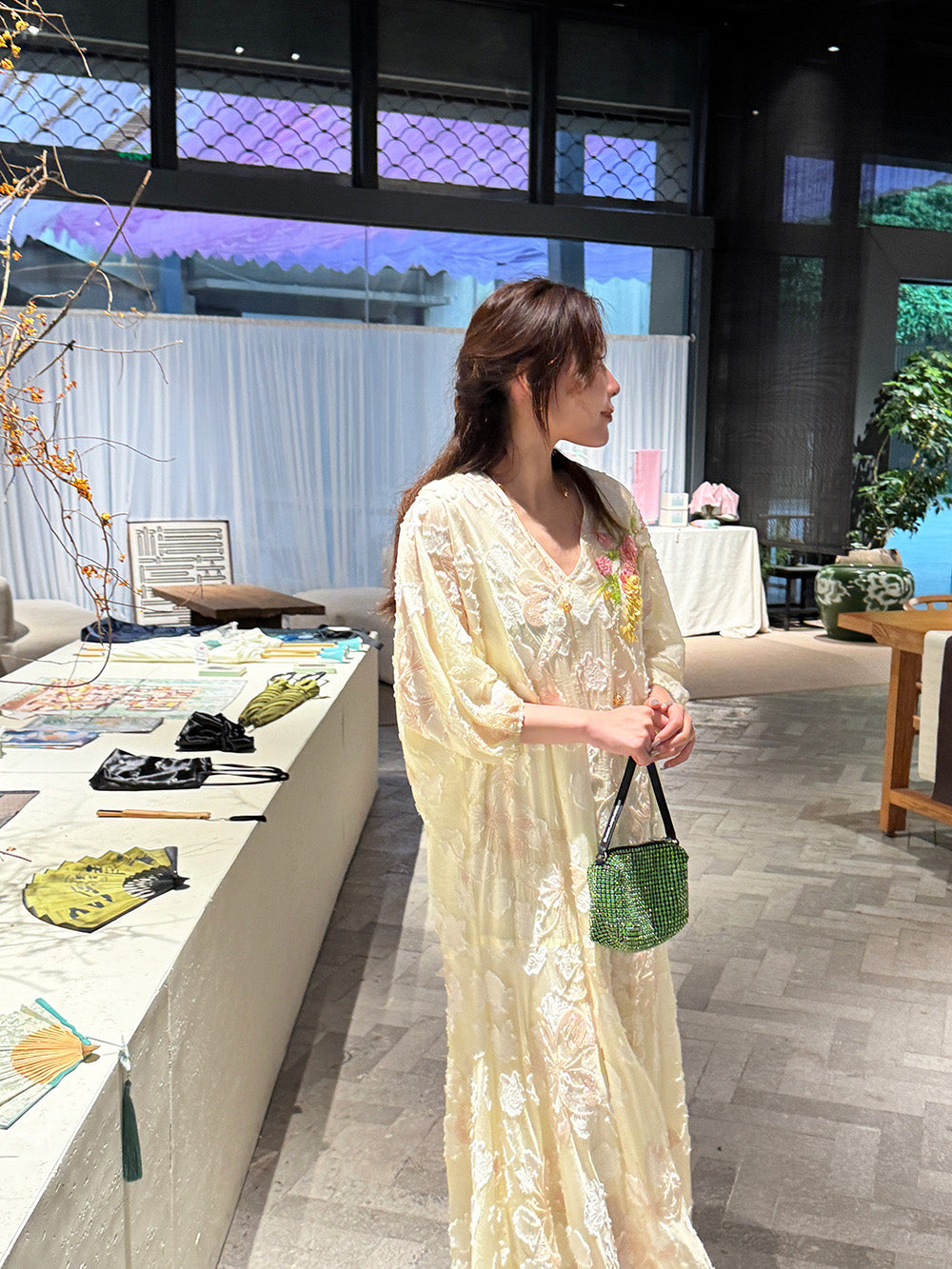 MUKZIN×"Capsule Collection" New Chinese Style Heavy Embroidery Elegant V-Neck Yellow Dress