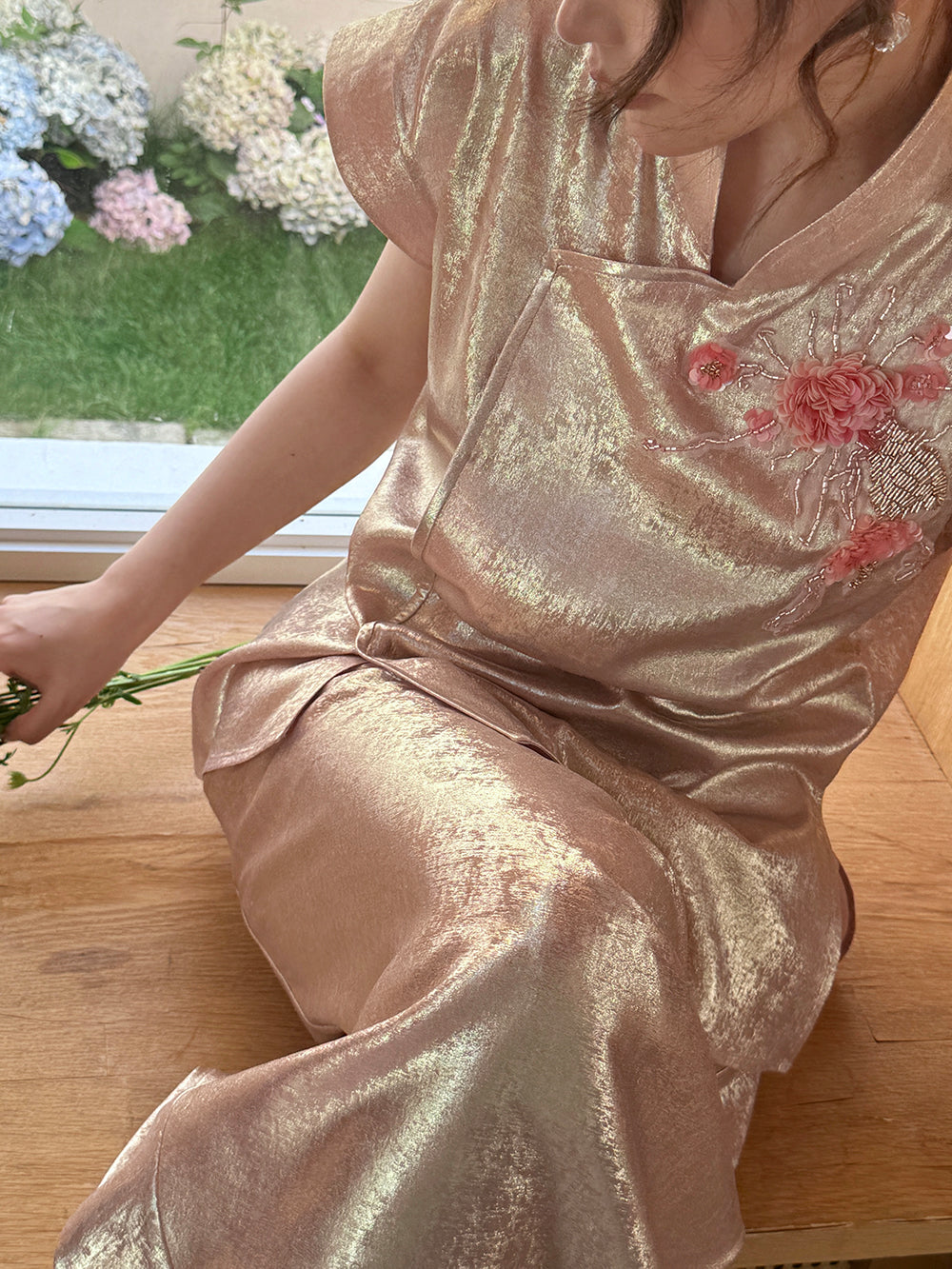 MUKZIN×Capsule Collection New Chinese-style embroidered soft pink set of short-sleeved shirts