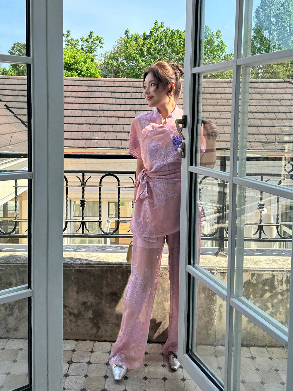 MUKZIN×Capsule Collection New Chinese-style embroidered loose and lightweight pink pants