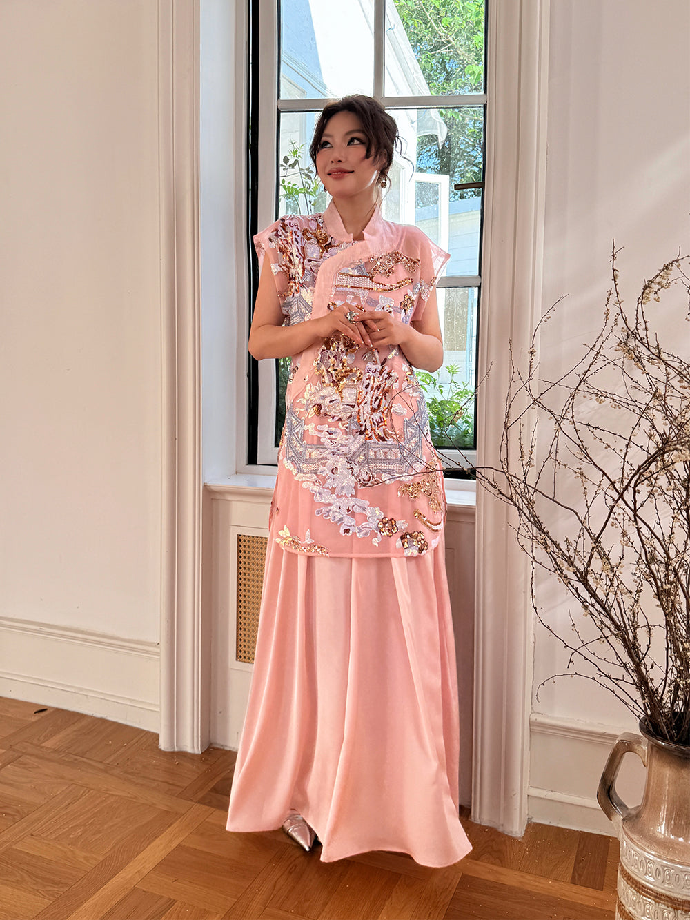 MUKZIN×Capsule Collection New Chinese-style embroidered white modified cheongsam dress