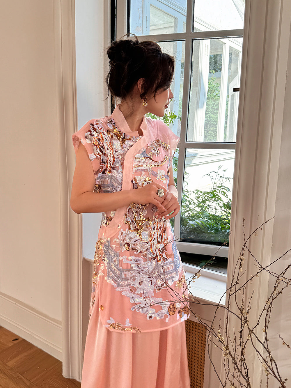 MUKZIN×Capsule Collection New Chinese-style embroidered white modified cheongsam dress