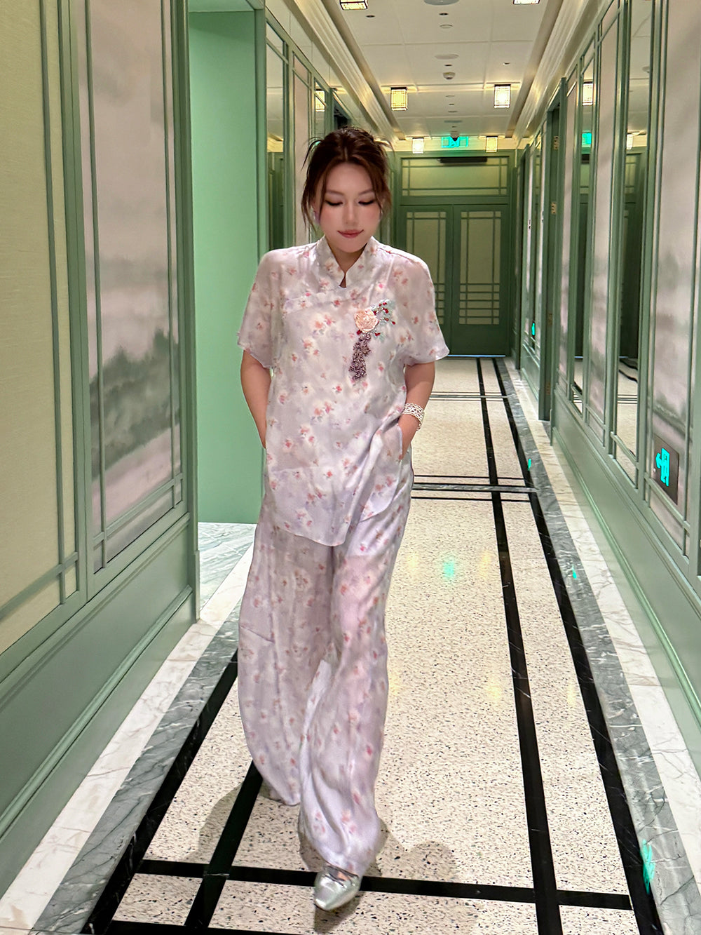 MUKZIN×Capsule Collection Modern Chinese Floral Shirt Set with ICH Hami Hand Embroidery