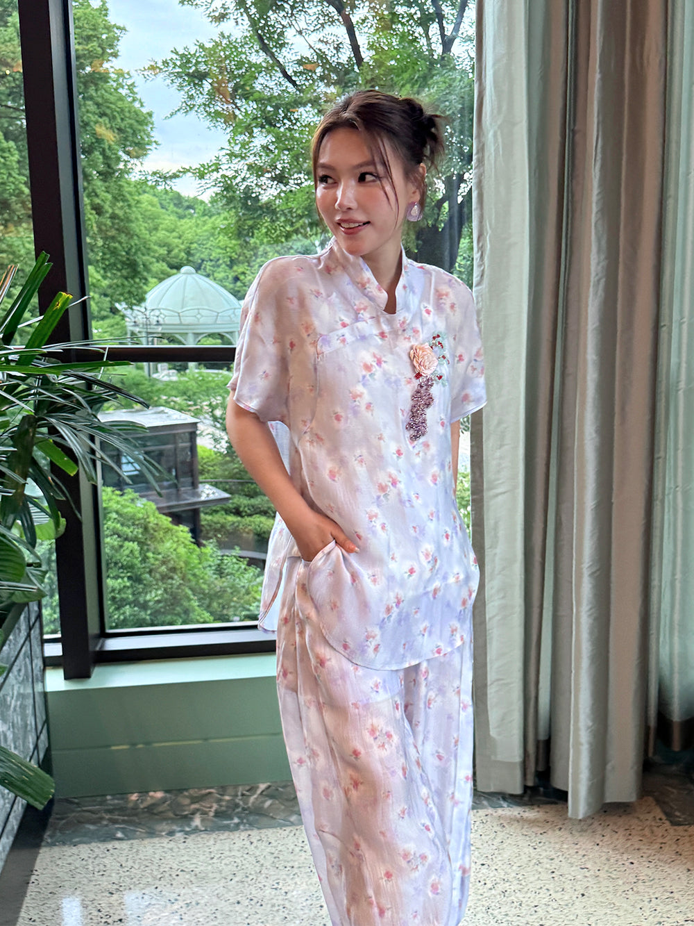 MUKZIN×Capsule Collection Modern Chinese Floral Shirt Set with ICH Hami Hand Embroidery