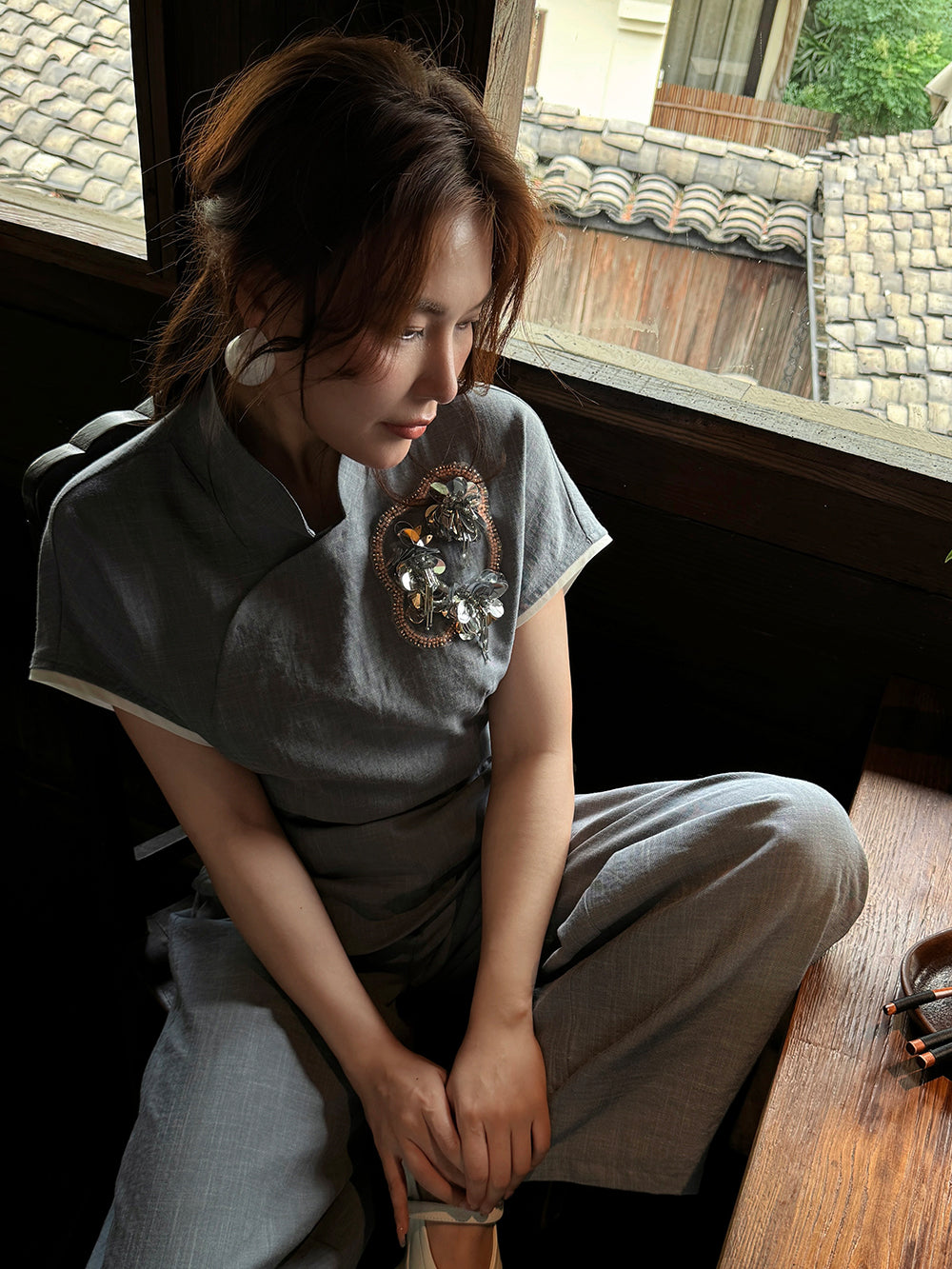 MUKZIN×Capsule Collection New Chinese-Style Stand Collar Top with Hami Hand Embroidery