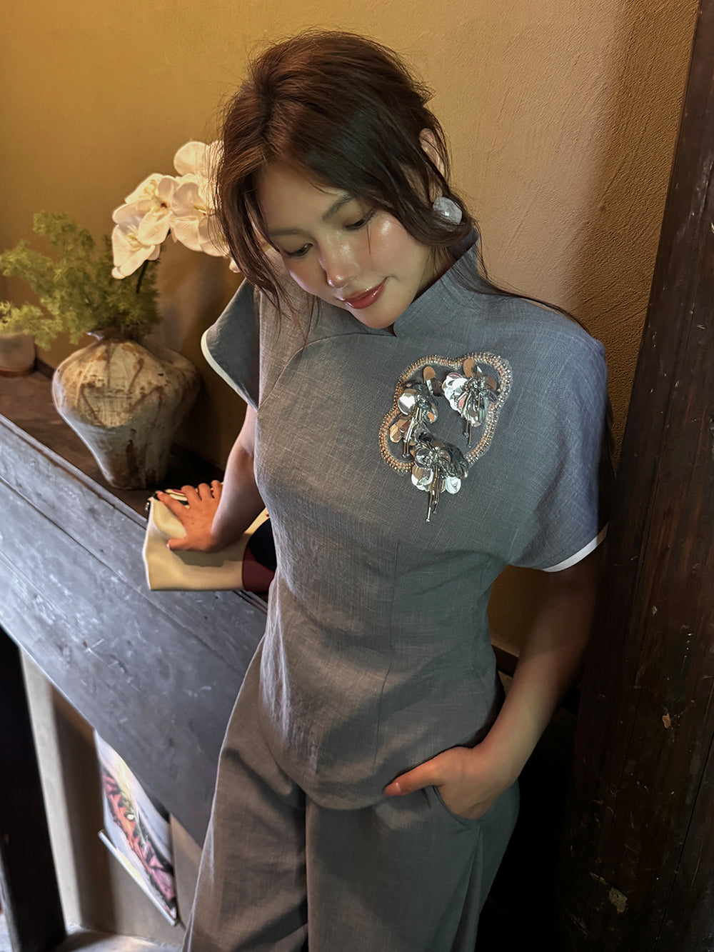 MUKZIN×Capsule Collection New Chinese-Style Stand Collar Top with Hami Hand Embroidery