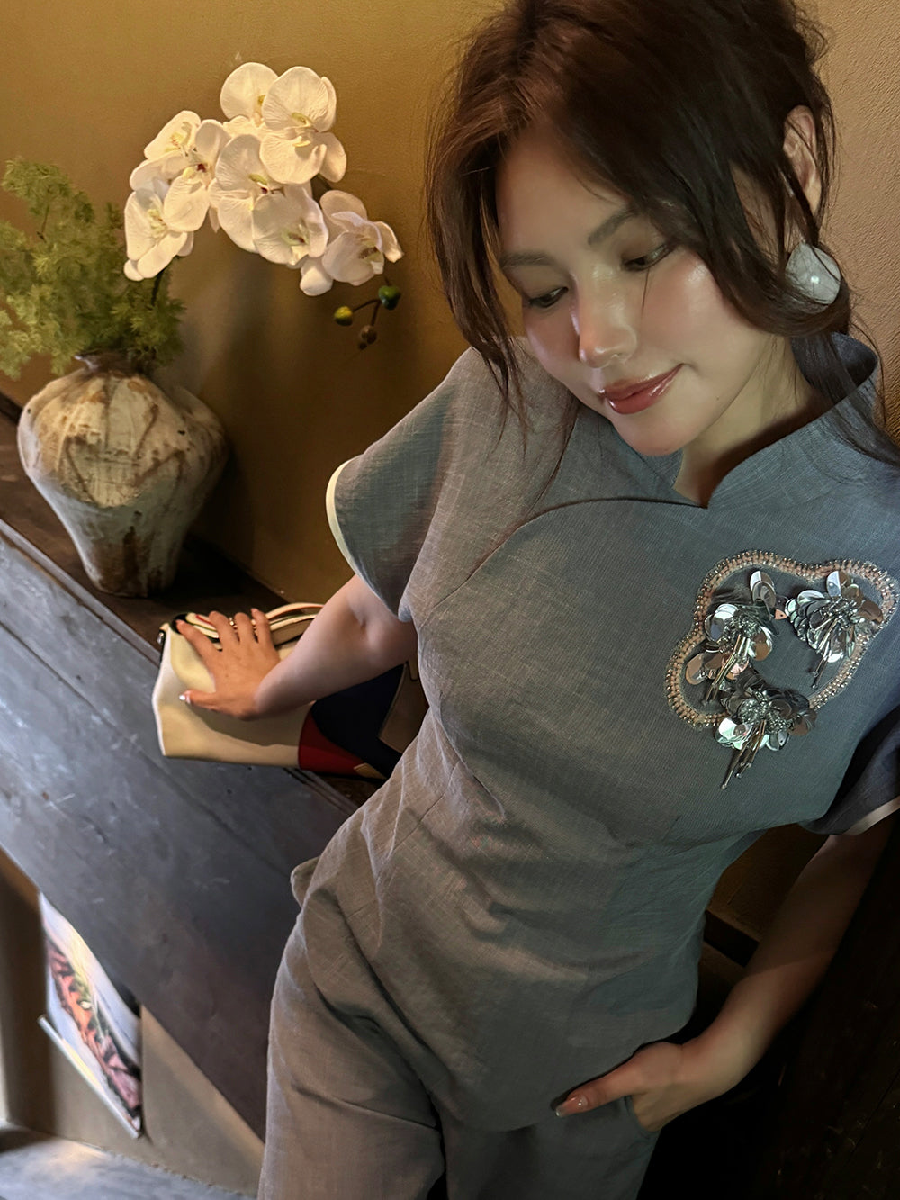 MUKZIN×Capsule Collection New Chinese-Style Stand Collar Top with Hami Hand Embroidery