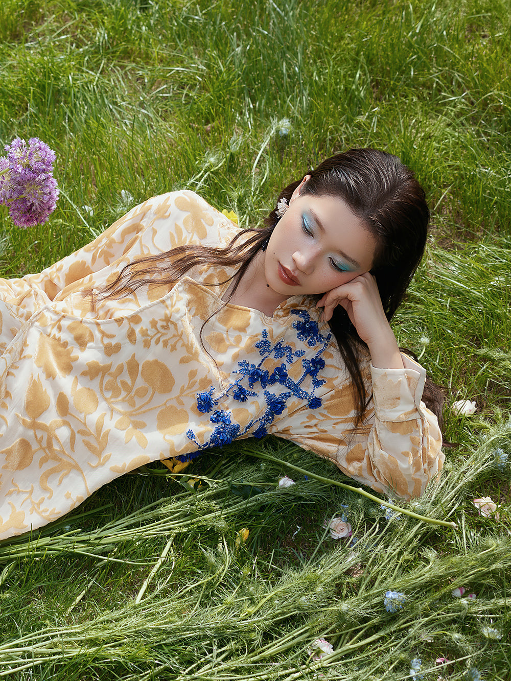 MUKZIN×Capsule Collection New Chinese-style V-neck printed long-sleeved orange shirt
