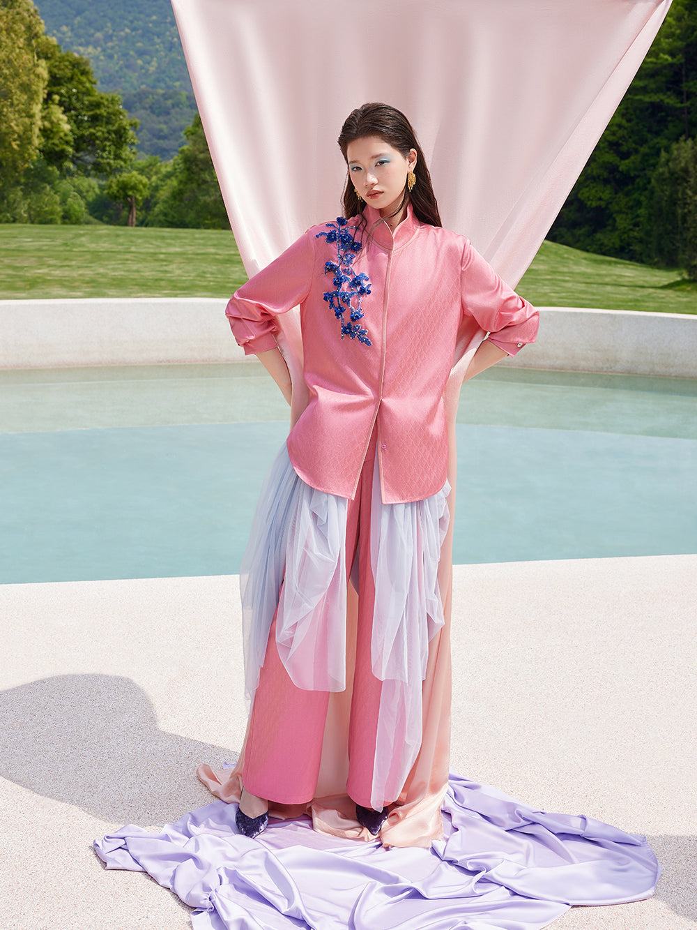 MUKZINxCapsule Collection New Chinese‑Style Intangible Cultural Heritage Hami Hand‑Embroidered Pink Acetate Long‑Sleeve Blouse
