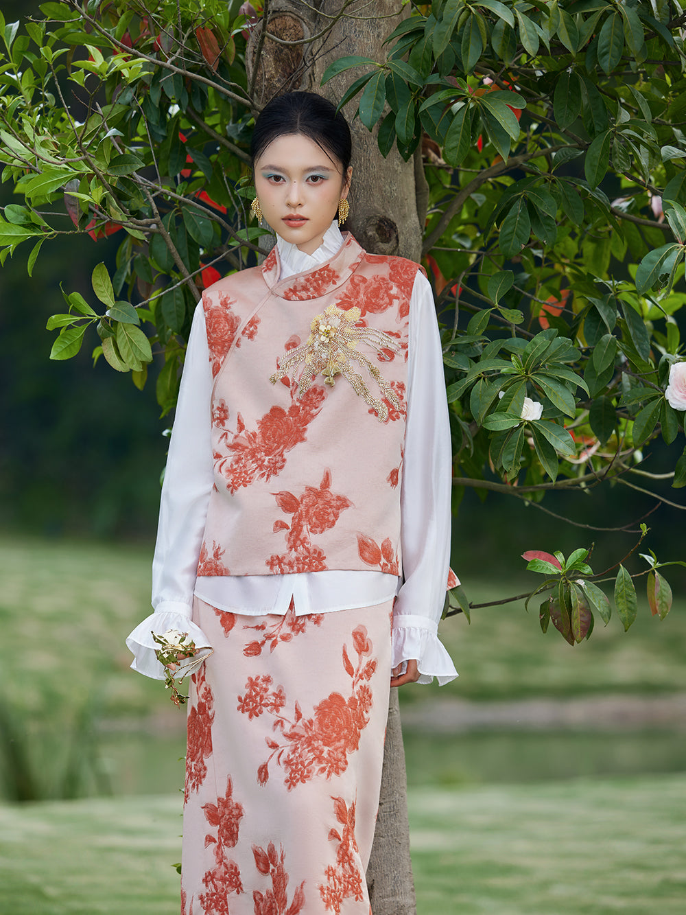 MUKZIN×Capsule Collection Modern Chinese Linen Skirt Set with ICH Su Embroidery – Orange