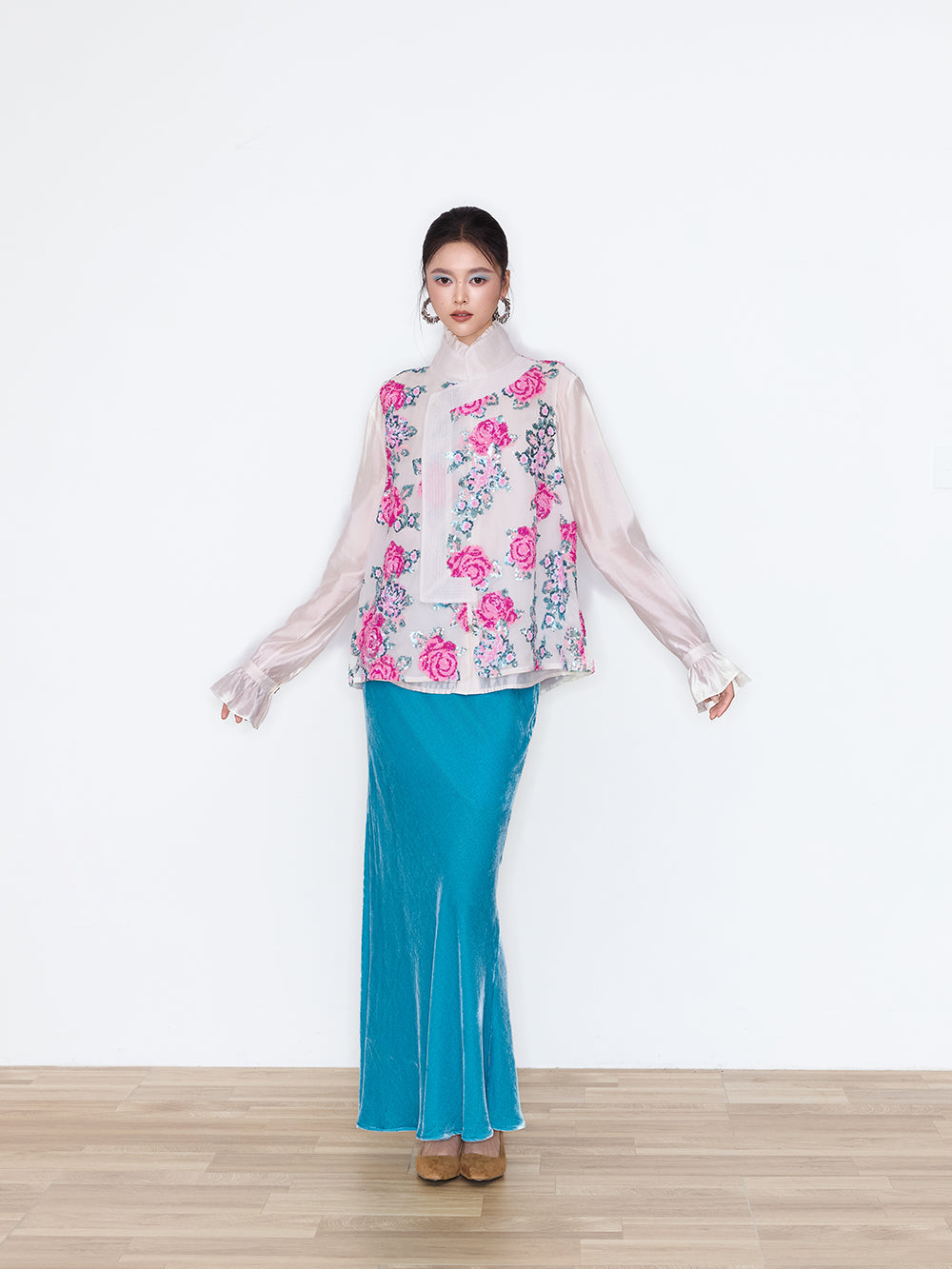 MUKZIN×Flourishing Vintage Rose‑Print Mandarin Collar Vest