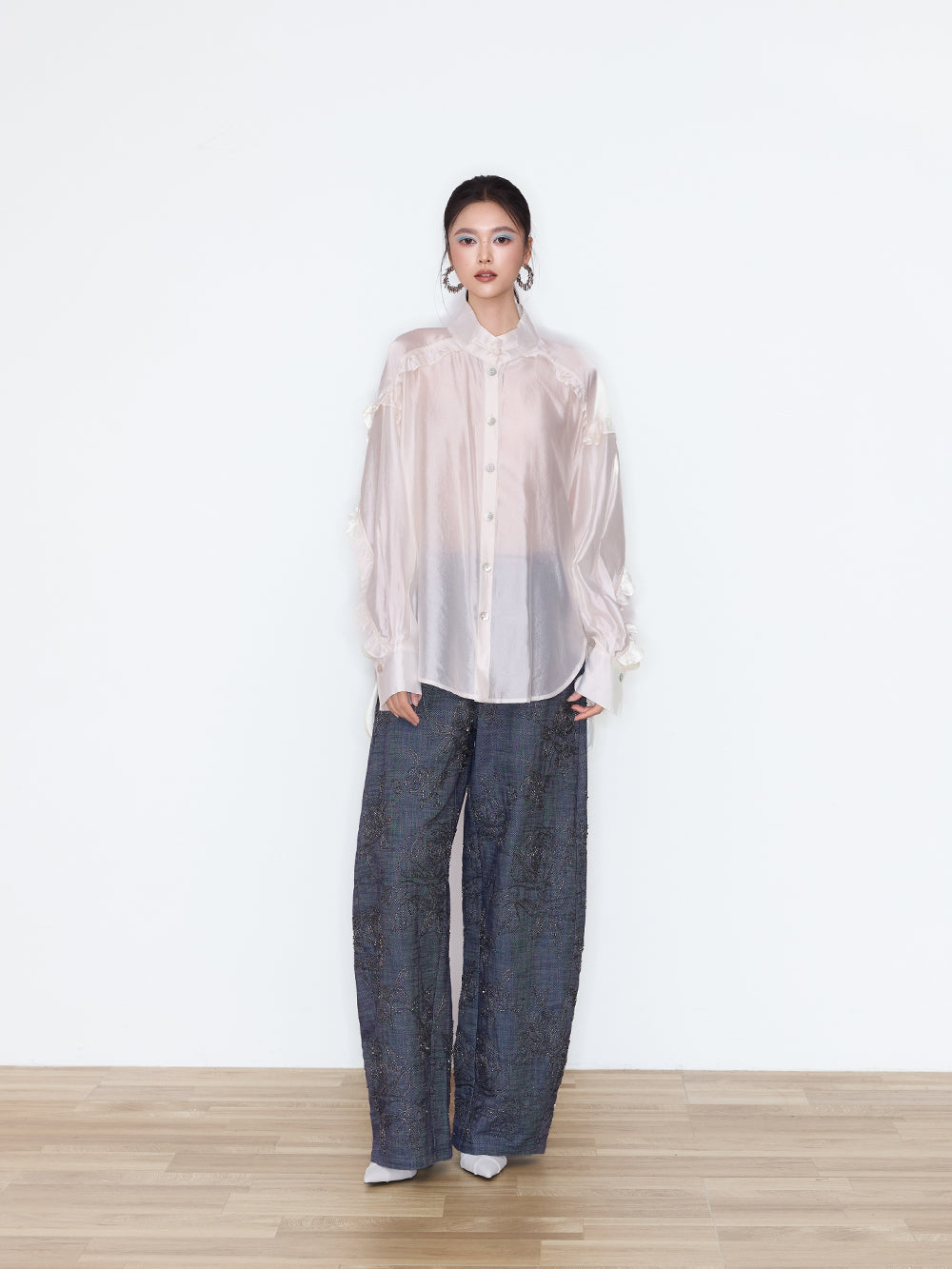 MUKZIN×Flourishing Blooms New Chinese-style semi-transparent loose-fitting stand-up collar shirt