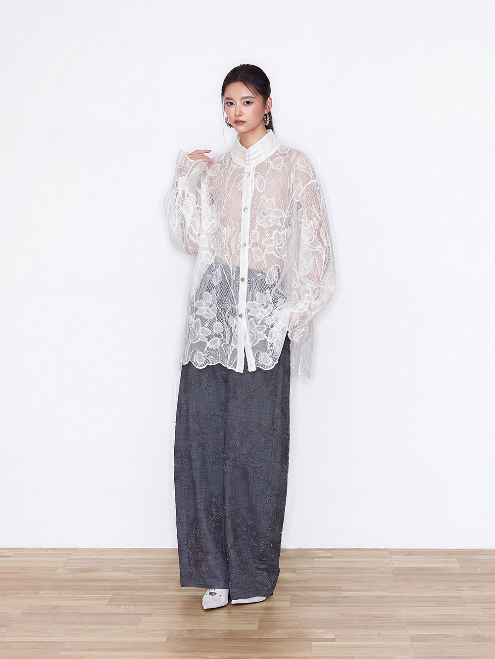 MUKZIN×Flourishing Blooms New Chinese-style V-neck white lace shirt