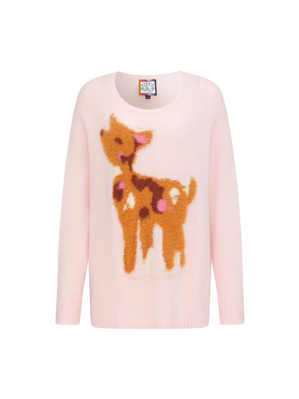 MUKZIN“The Sequence of Deer's Call”Light Blue/Soft Pink Deer Pattern Oversized Fuzzy Knit Sweater