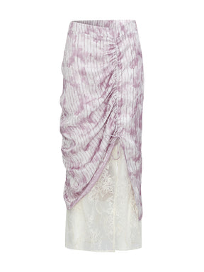 MUKZIN“Realm of Ethereal Mist”Pink - purple tie - dyed velvet spliced lace split midi skirt
