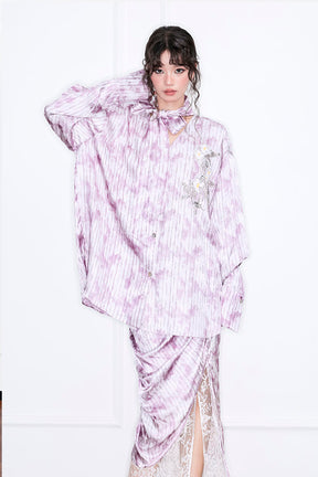 MUKZIN“Realm of Ethereal Mist”Lavender Purple Oversized Shirt with Ribbons - Handmade Plant-Dyed