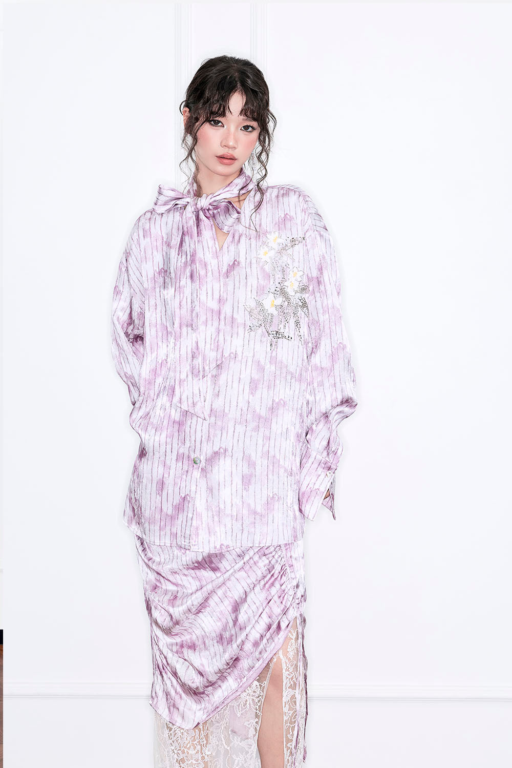 MUKZIN“Realm of Ethereal Mist”Lavender Purple Oversized Shirt with Ribbons - Handmade Plant-Dyed