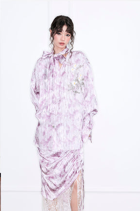 MUKZIN“Realm of Ethereal Mist”Lavender Purple Oversized Shirt with Ribbons - Handmade Plant-Dyed