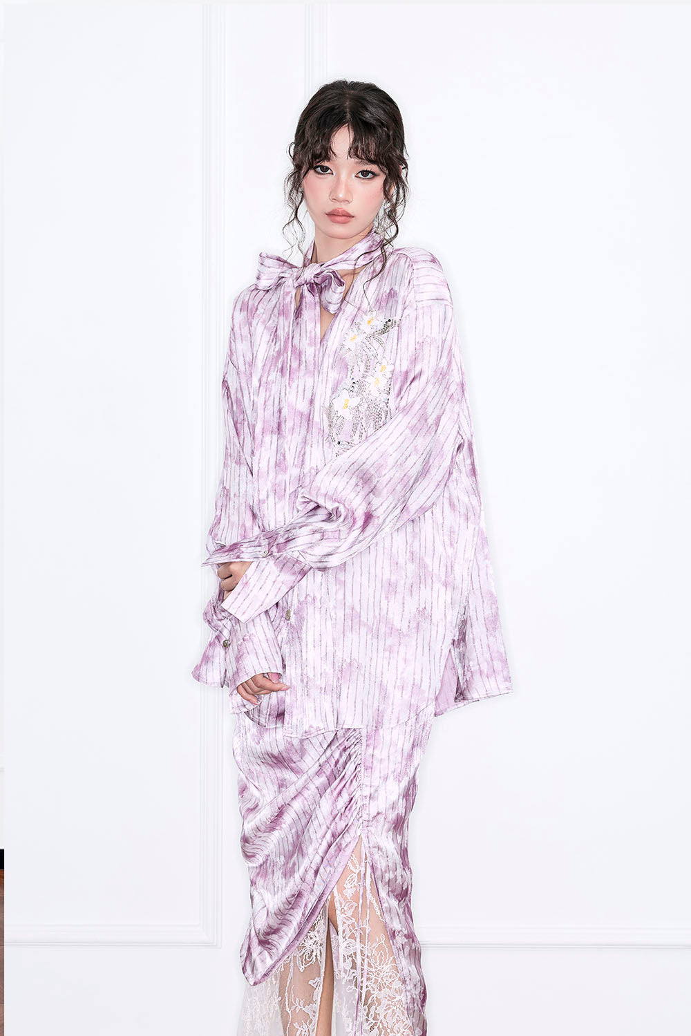 MUKZIN“Realm of Ethereal Mist”Lavender Purple Oversized Shirt with Ribbons - Handmade Plant-Dyed