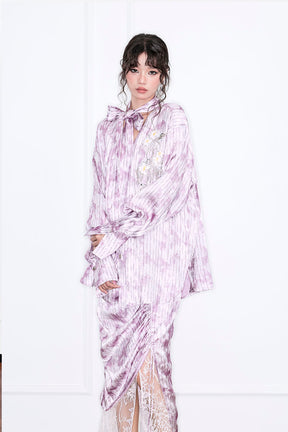 MUKZIN“Realm of Ethereal Mist”Lavender Purple Oversized Shirt with Ribbons - Handmade Plant-Dyed