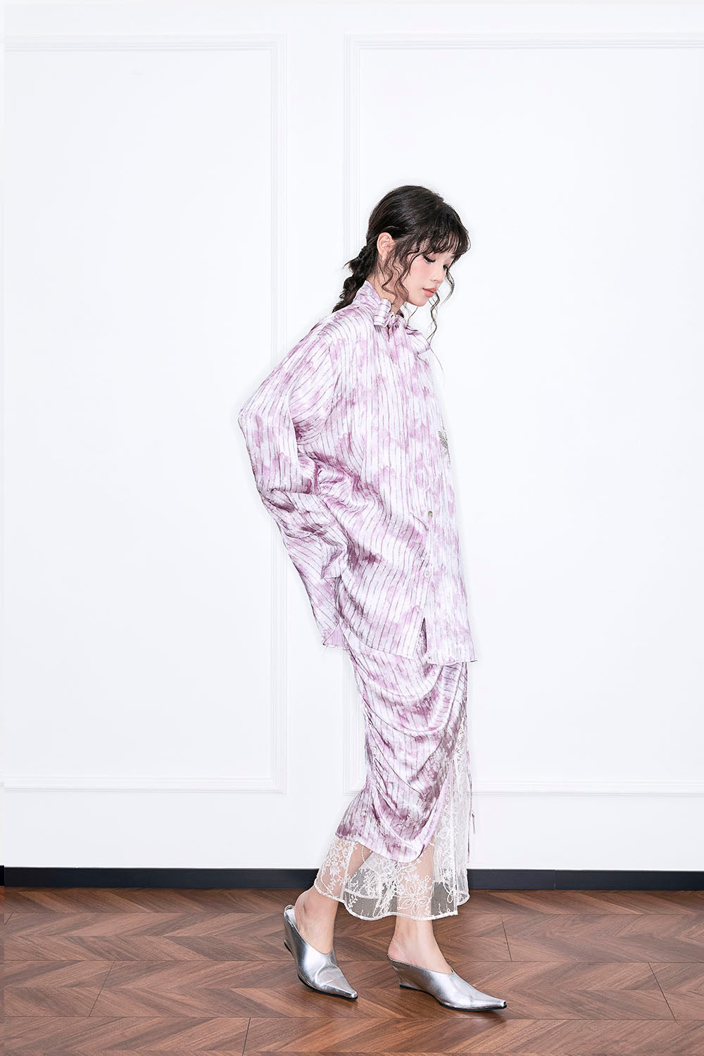 MUKZIN“Realm of Ethereal Mist”Lavender Purple Oversized Shirt with Ribbons - Handmade Plant-Dyed