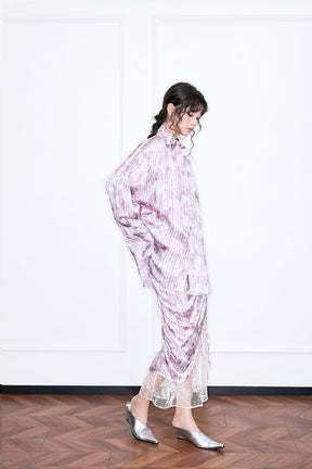 MUKZIN“Realm of Ethereal Mist”Lavender Purple Oversized Shirt with Ribbons - Handmade Plant-Dyed