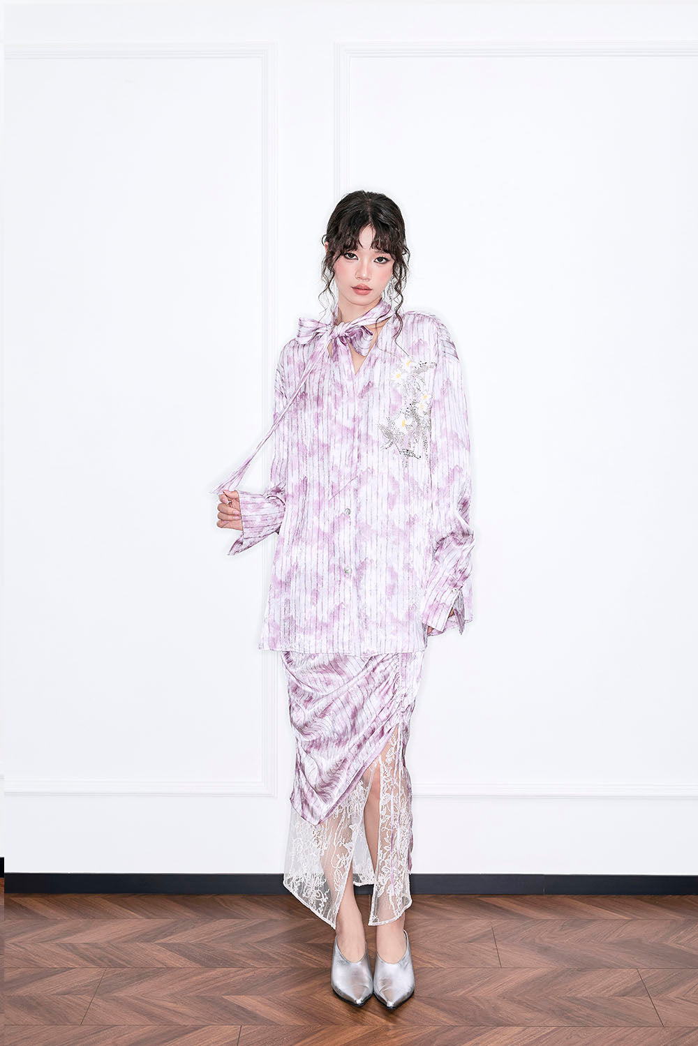 MUKZIN“Realm of Ethereal Mist”Lavender Purple Oversized Shirt with Ribbons - Handmade Plant-Dyed