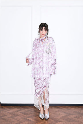MUKZIN“Realm of Ethereal Mist”Lavender Purple Oversized Shirt with Ribbons - Handmade Plant-Dyed