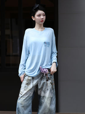 MUKZIN“Realm of Ethereal Mist”Light Blue Elephant Embroidered Loose Long - Sleeve T - shirt