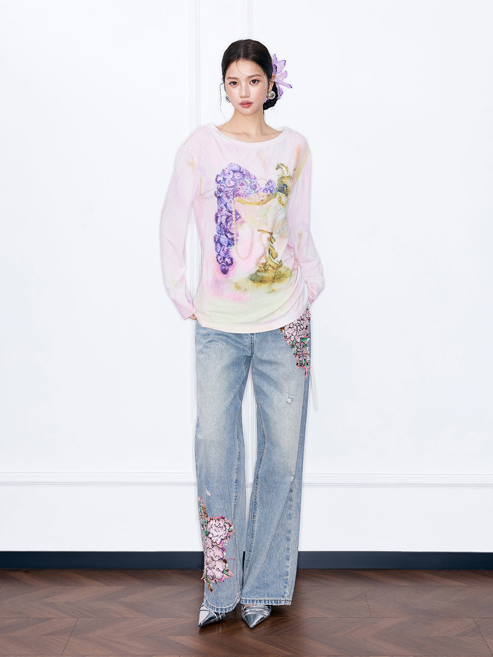 MUKZIN“Night Ballad of Chang'an”Floral Embroidered Wide-Leg Jeans | Distressed Vintage Denim Pants with Sequin Floral Appliques
