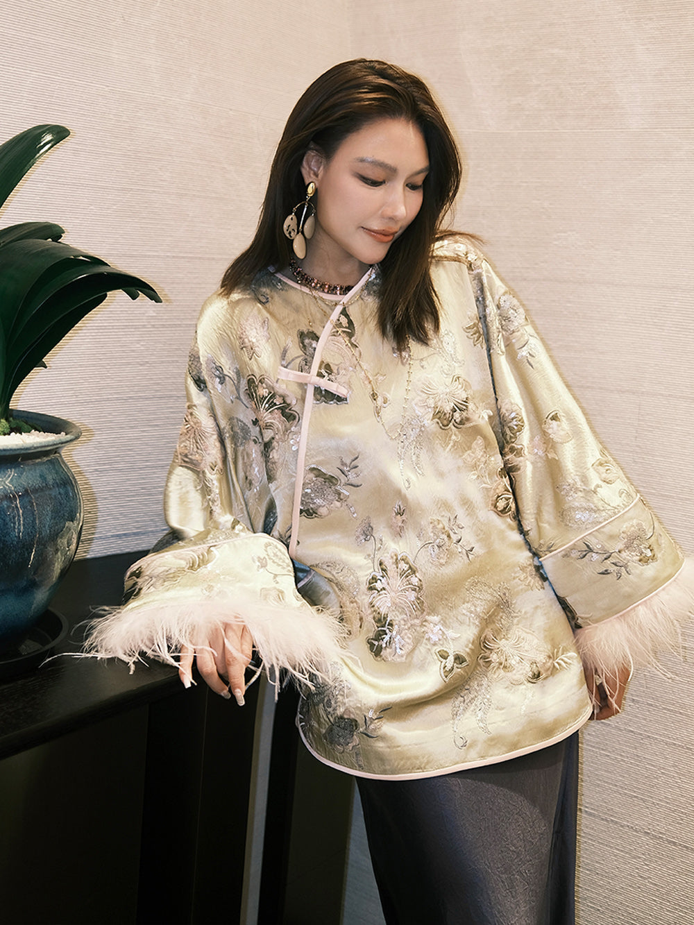 MUKZIN“Capsule Collection”Champagne Gold Jacquard Qipao-Collar Feather-Sleeve Chinese Style Loose Shirt