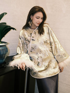 MUKZIN“Capsule Collection”Champagne Gold Jacquard Qipao-Collar Feather-Sleeve Chinese Style Loose Shirt