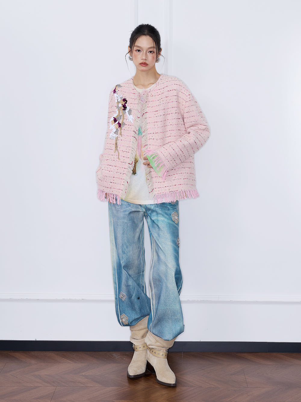 MUKZIN“Capsule Collection”Pink Textured Fabric 3D Floral Embroidery Fringe Short Coat