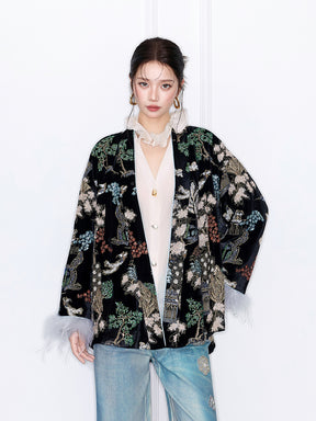 MUKZIN“Capsule Collection”"New Chinese Style Heavy Embroidery Velvet Padded Jacket with Feather Cuffs